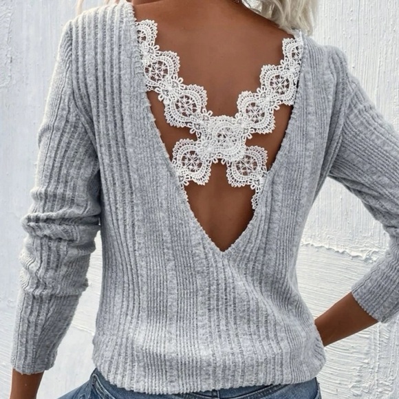 SALE - Gray Ribbed Knit with White Lace Criss Cross Backless - Picture 1 of 7